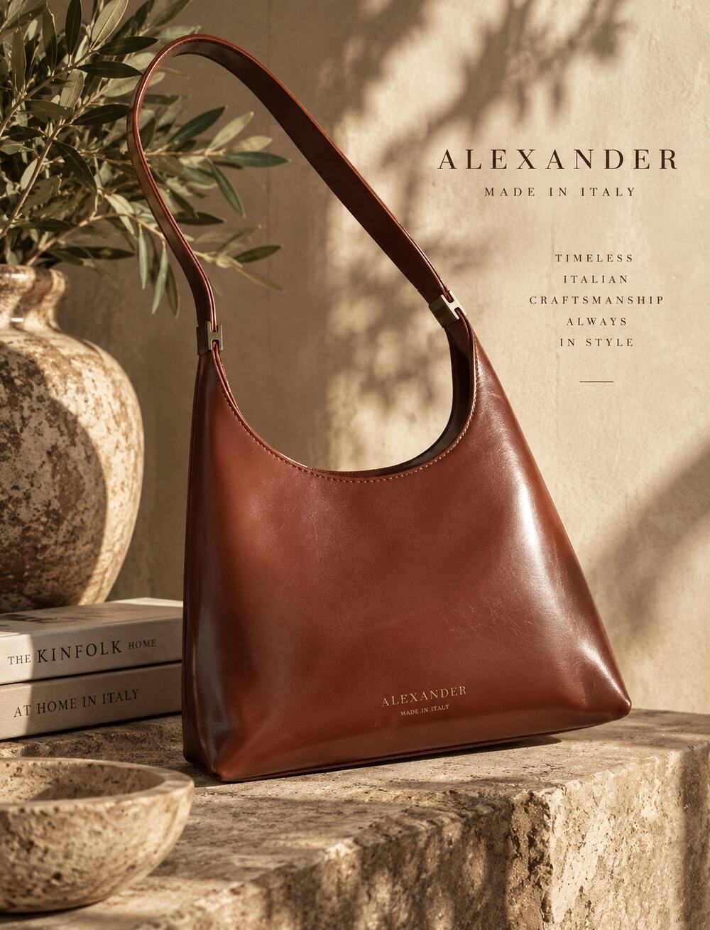 Vintage 90's Alexander Made in Italy Cognac Leather Structured Shoulder Bag